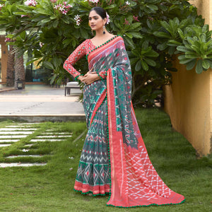 Grey Printed Pure Cotton Saree With Pum Pum Border