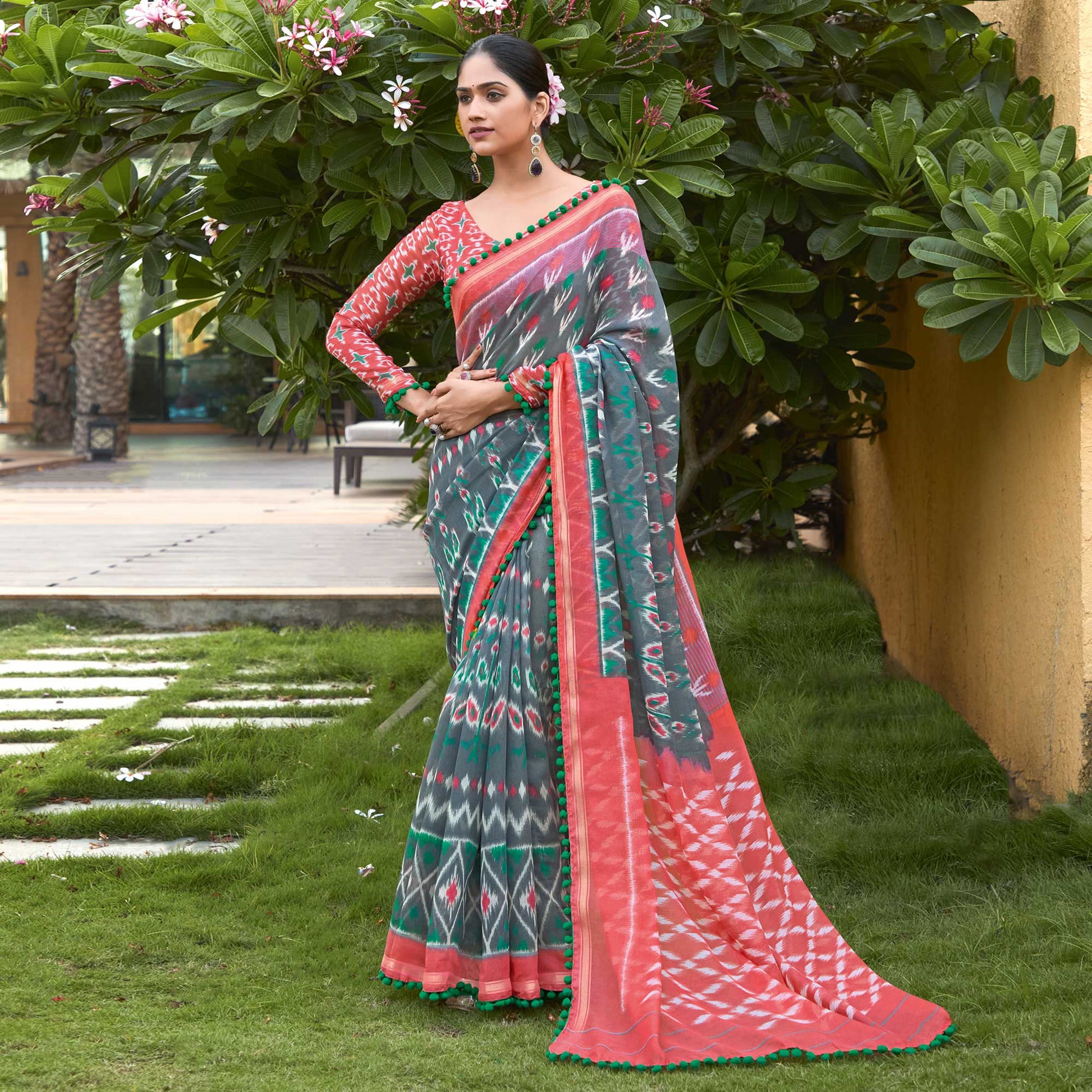 Grey Printed Pure Cotton Saree With Pum Pum Border