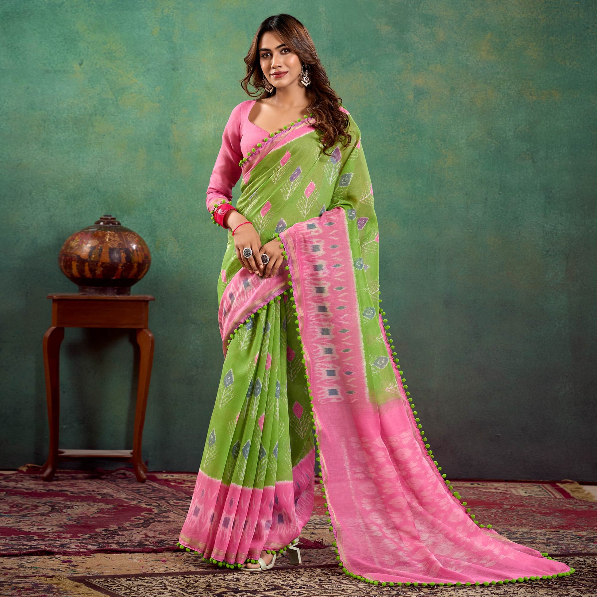 green-ikkat-printed-mul-mul-cotton-saree