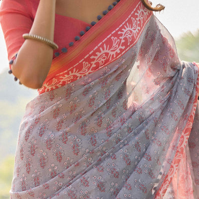 Grey Printed Cotton Blend Saree With Pumpum Lace