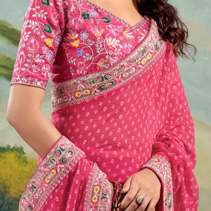 Gajri Pink Bandhani Printed Georgette Saree With Embroidered Border