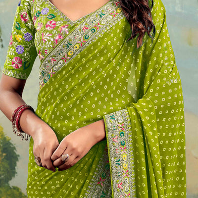 green-bandhani-printed-georgette-saree-with-embroidered-border