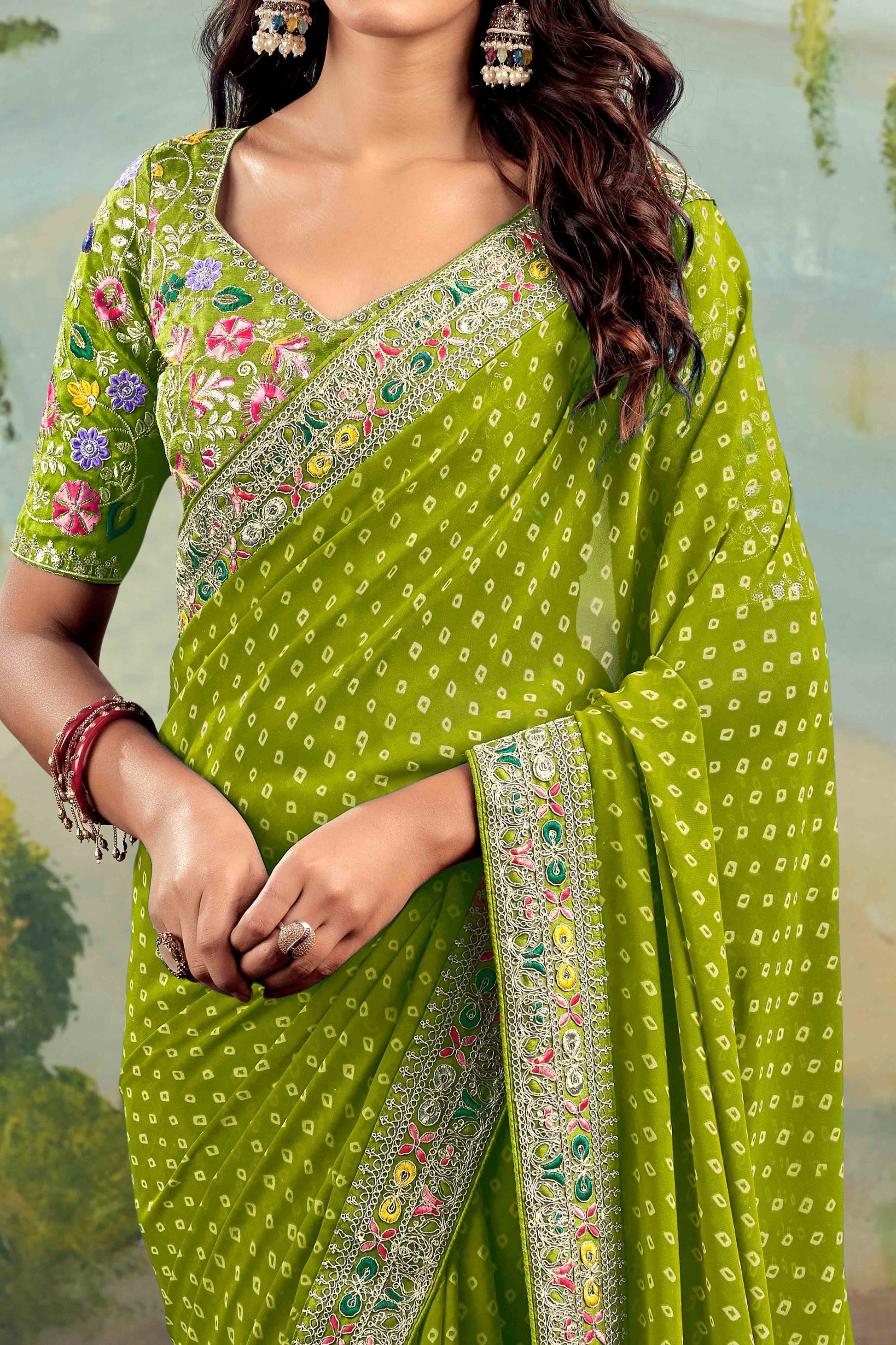 green-bandhani-printed-georgette-saree-with-embroidered-border