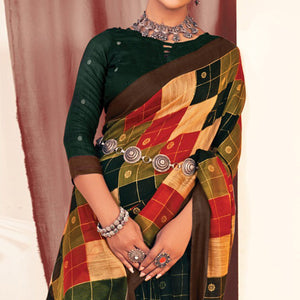 green-checks-printed-cotton-blend-saree