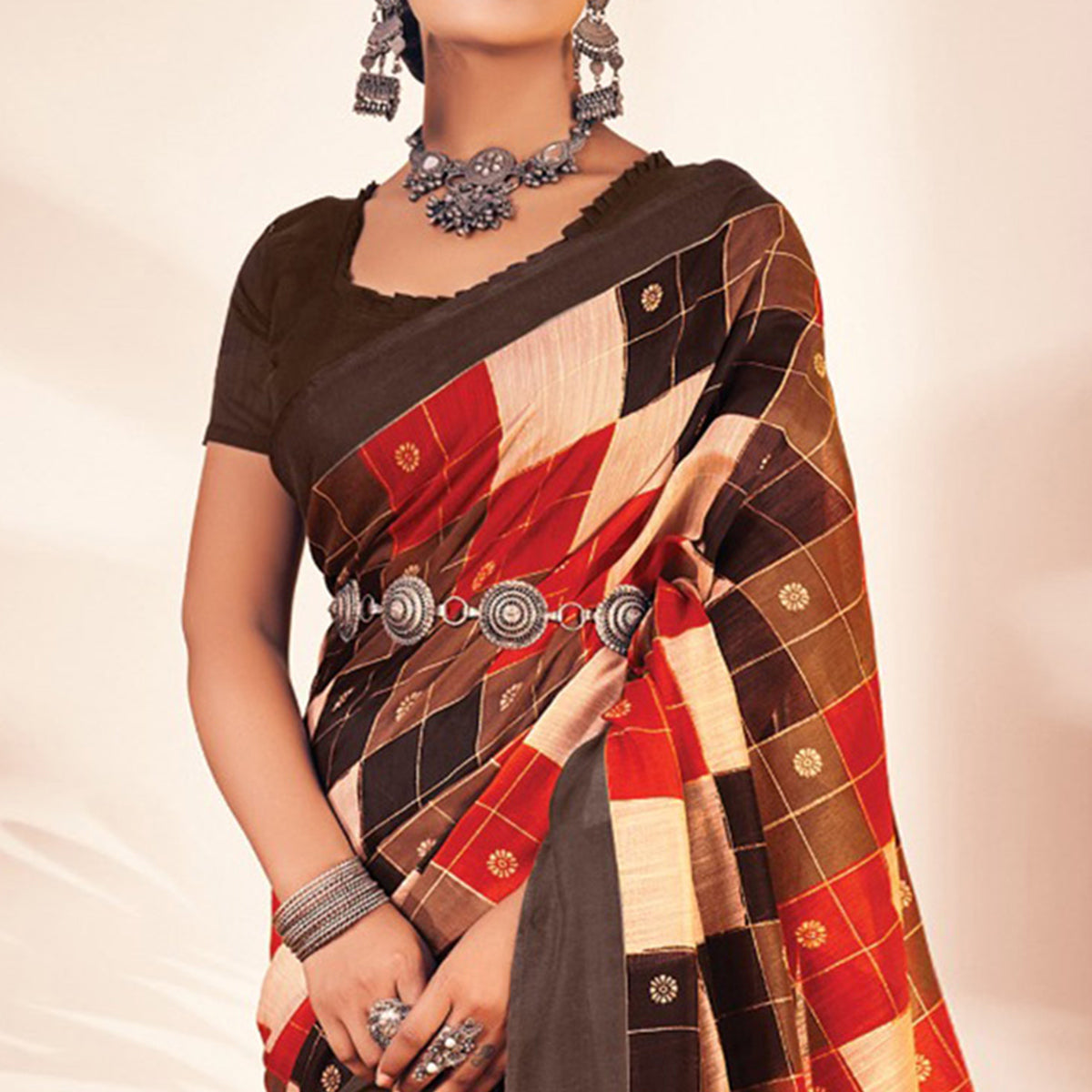 Brown Checks Printed Cotton Blend Saree