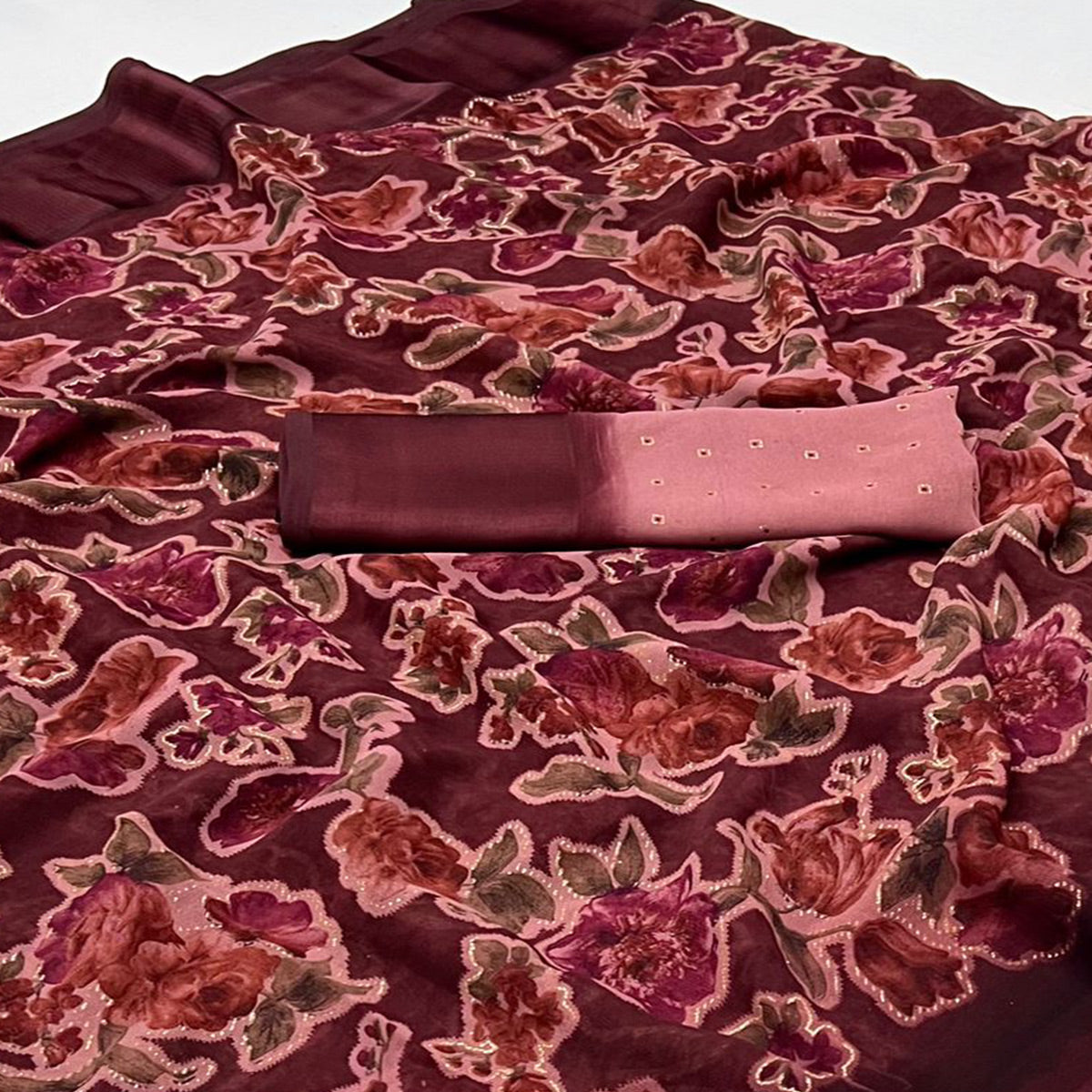 Maroon Floral Foil Printed Cotton Silk Saree