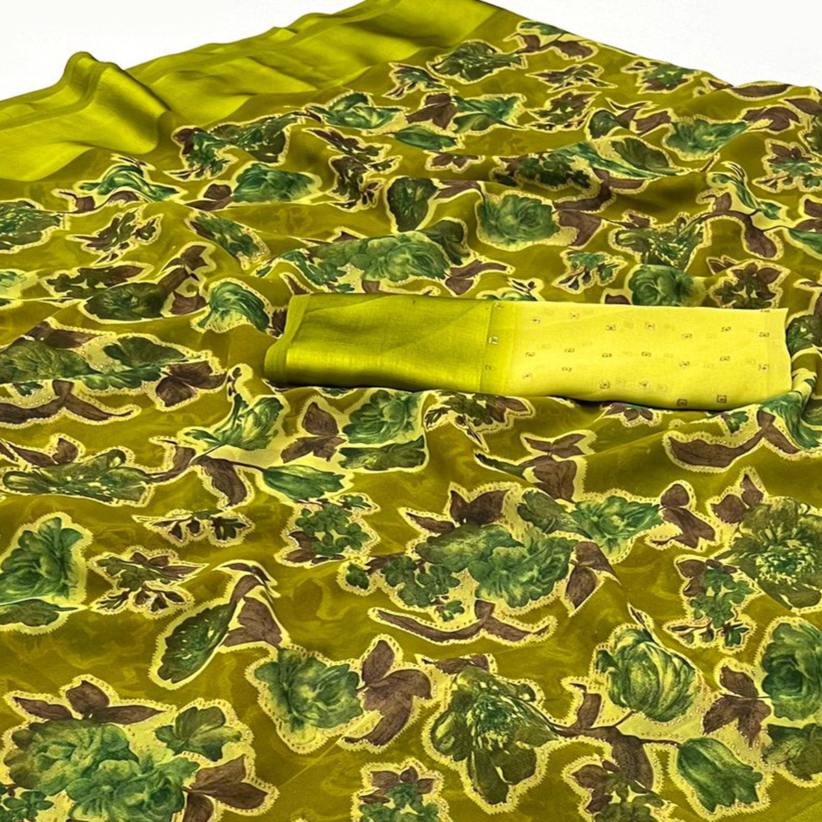 Lime Green Floral Foil Printed Cotton Silk Saree