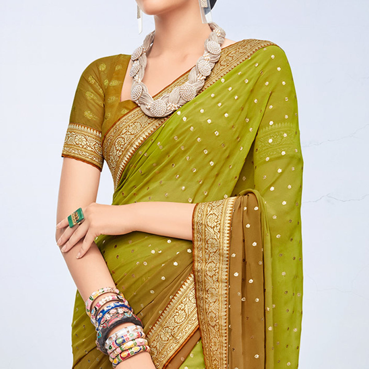 green-brown-foil-printed-georgette-saree
