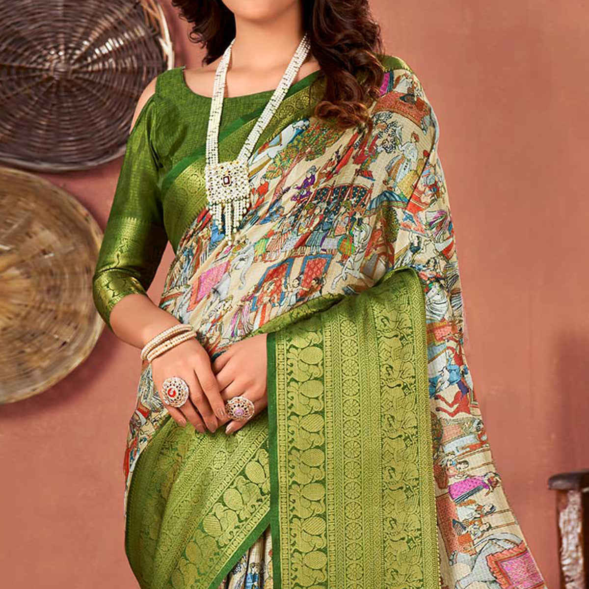 Cream & Green Printed With Woven Border Kota Doria Saree