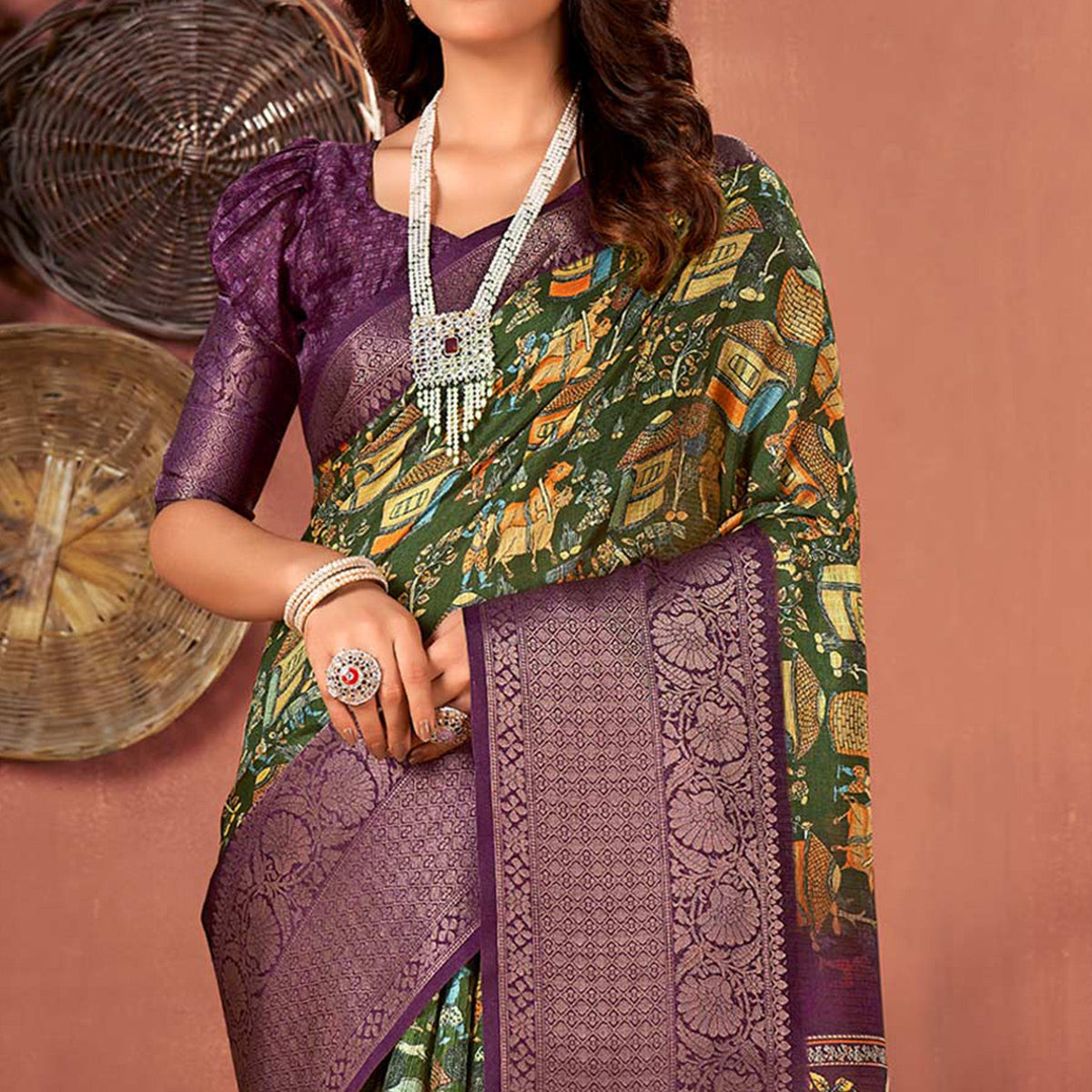 green-wine-printed-with-woven-border-kota-doria-saree