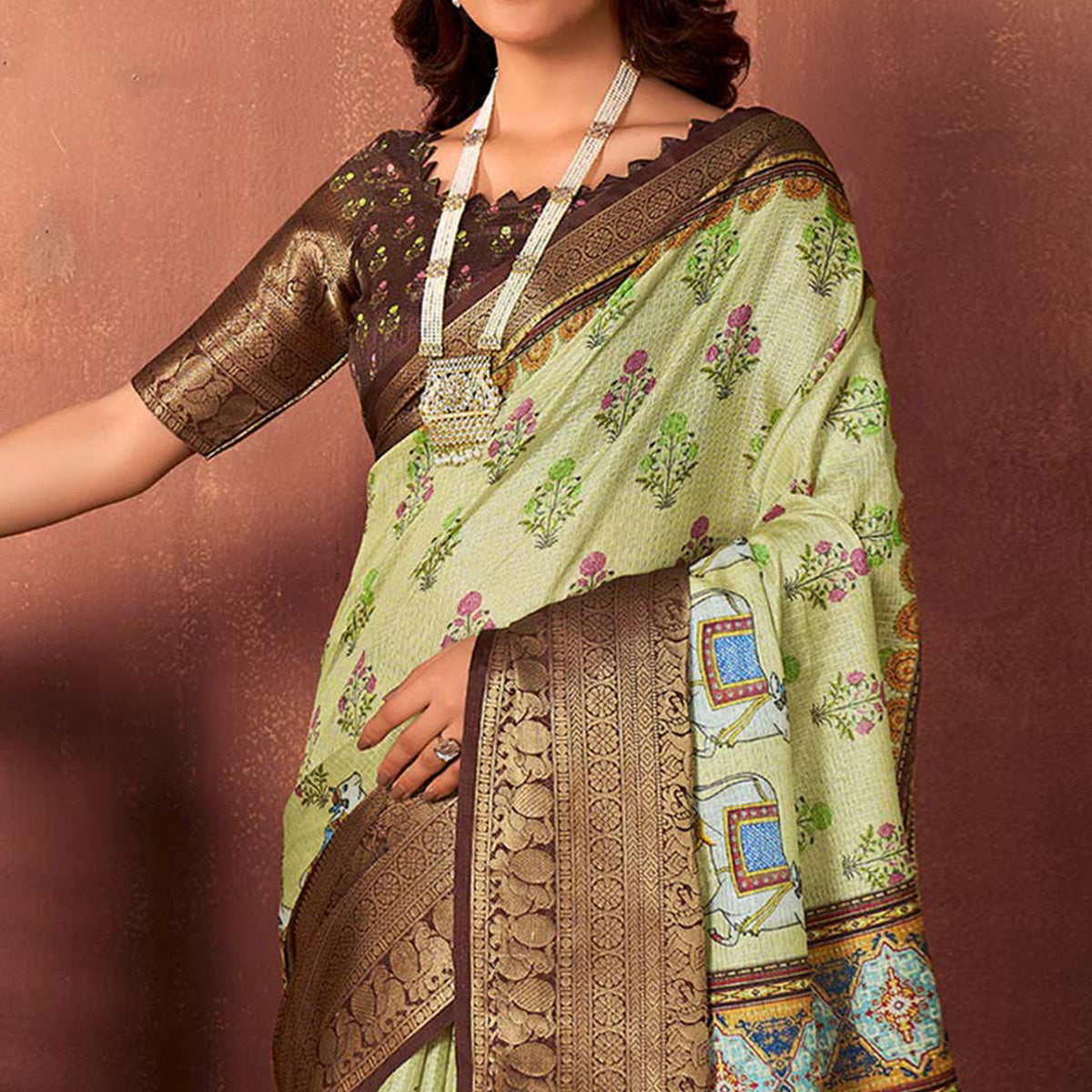 Light Green & Brown Printed With Woven Border Kota Doria Saree