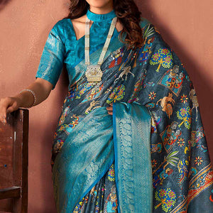 Charcoal Grey & Blue Printed With Woven Border Kota Doria Saree