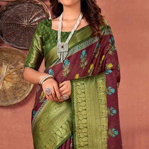 Maroon & Green Printed With Woven Border Kota Doria Saree