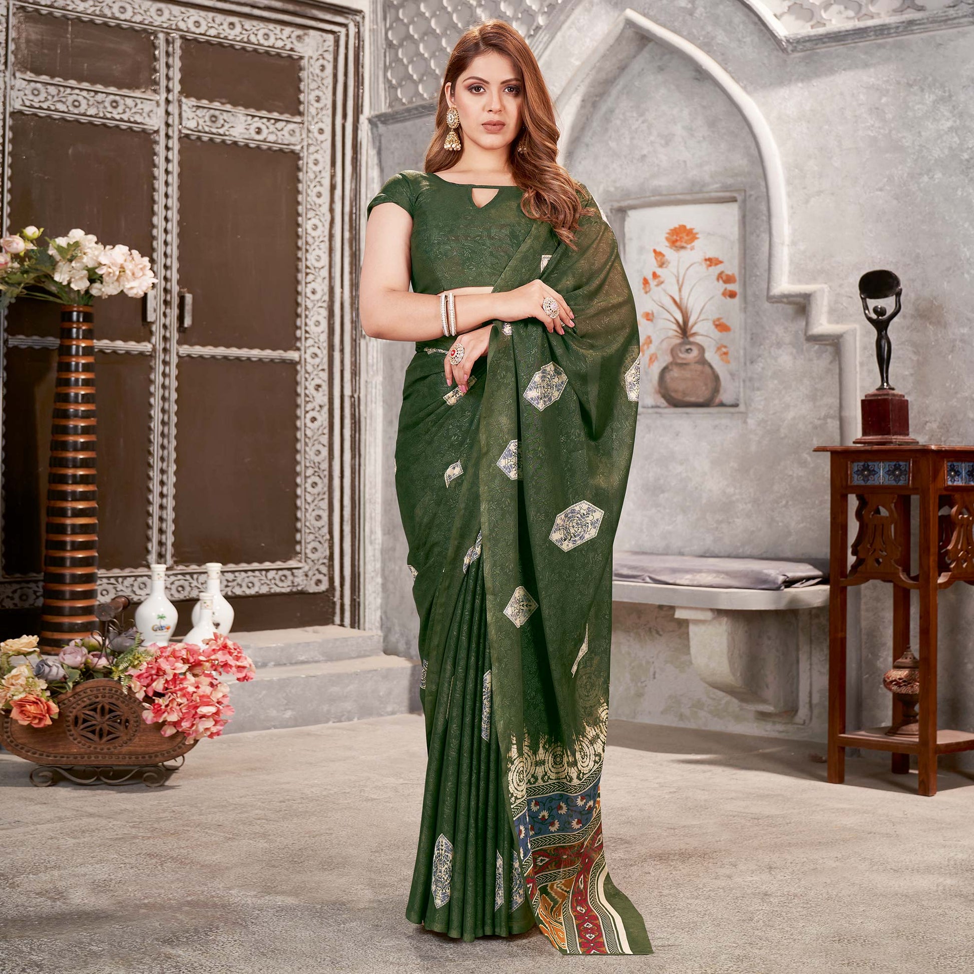 green-floral-printed-chiffon-saree-9