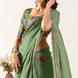 Dusty Green Printed With Woven Georgette Saree With Tassels