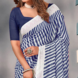 Blue Striped Printed Georgette Saree