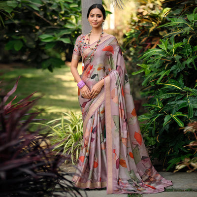 Mauve Floral Digital Printed Viscose Saree With Zari Border