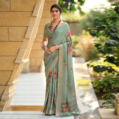 Dusty Green Floral Digital Printed Viscose Saree With Zari Border