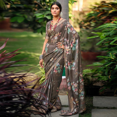 Brown Floral Digital Printed Viscose Saree With Zari Border