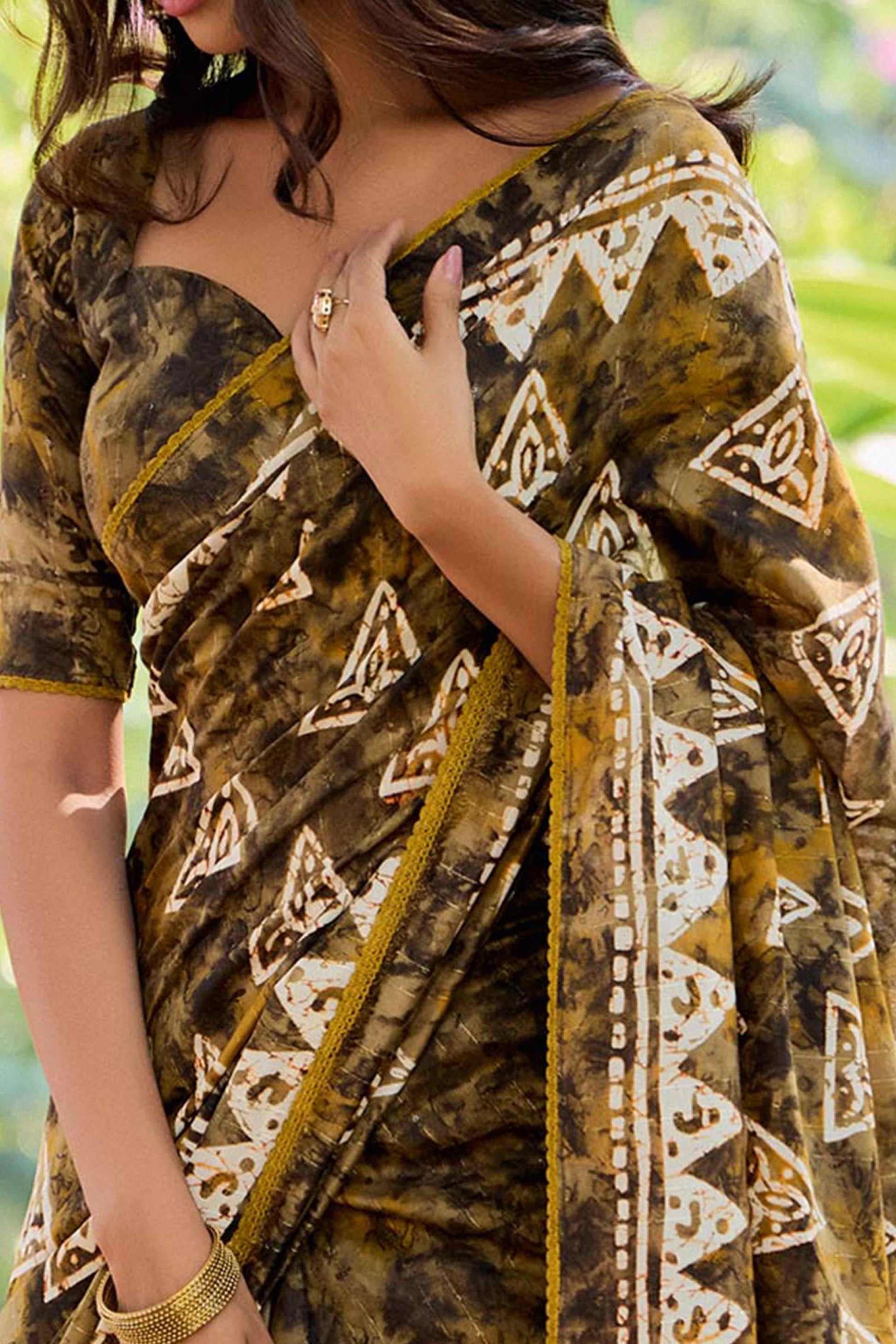 Mehendi Green Batik Printed Cotton Silk Saree