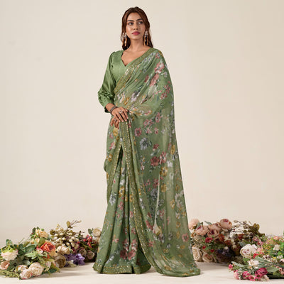 Dusty Green Floral Printed Chiffon Saree With Designer Border