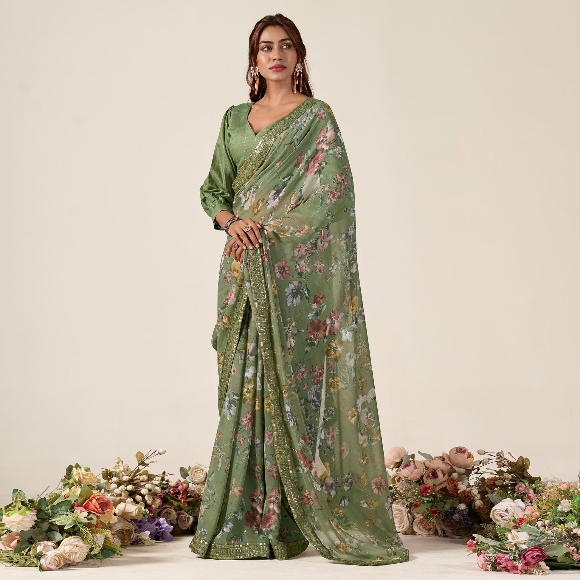 Dusty Green Floral Printed Chiffon Saree With Designer Border