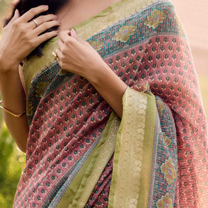 Dusty Pink Printed Mulmul Cotton Saree With Jacquard Border