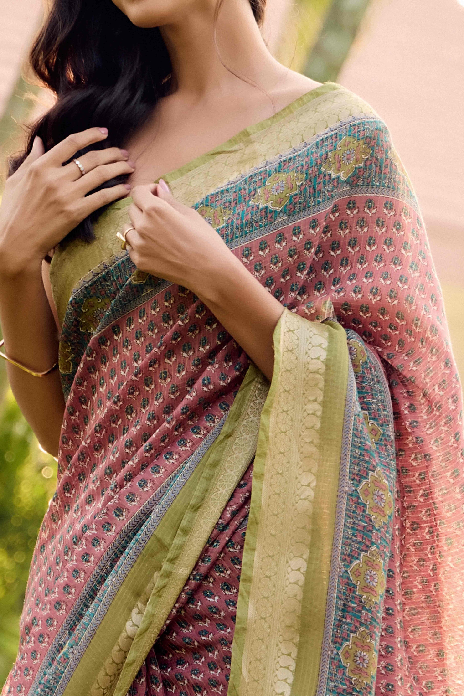Dusty Pink Printed Mulmul Cotton Saree With Jacquard Border