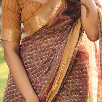 Brown Printed Mulmul Cotton Saree With Jacquard Border