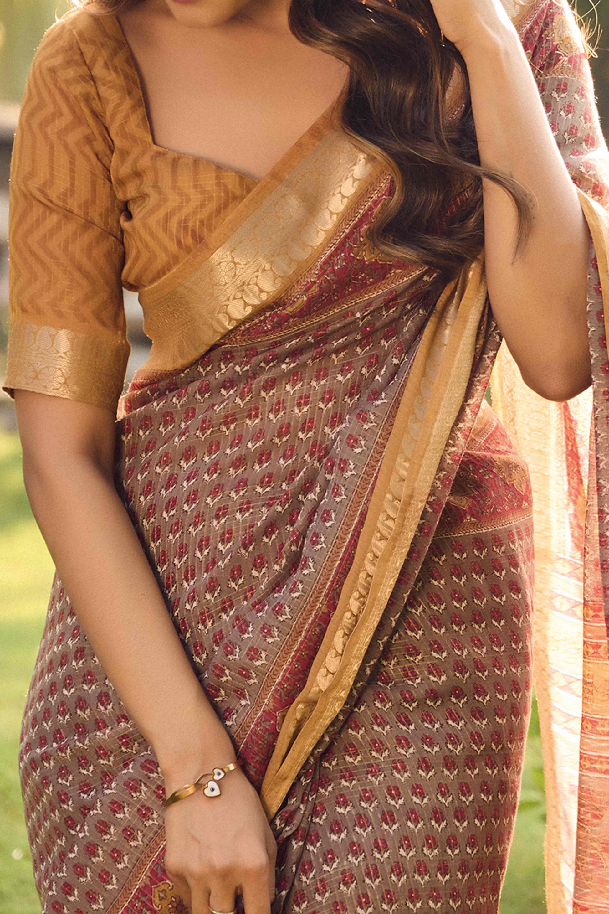 Brown Printed Mulmul Cotton Saree With Jacquard Border