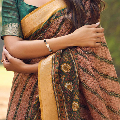 Brown Printed Mulmul Cotton Saree With Jacquard Border