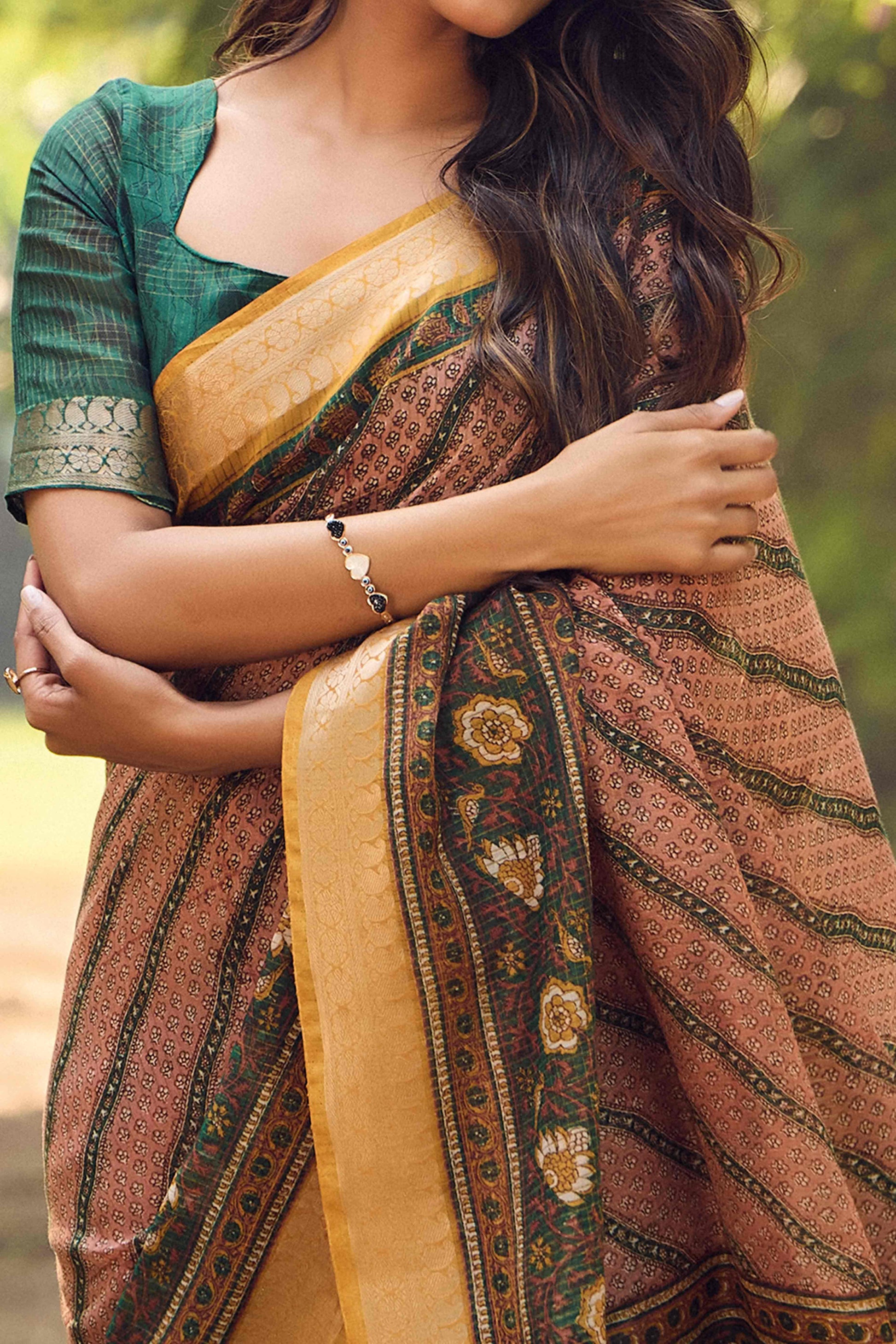 Brown Printed Mulmul Cotton Saree With Jacquard Border