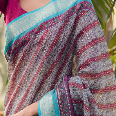 Grey Printed Mulmul Cotton Saree With Jacquard Border