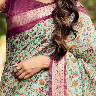 Mint Green Printed Mulmul Cotton Saree With Jacquard Border