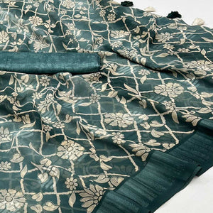 Deep Sea Green Floral Foil Printed Georgette Saree With Tassels