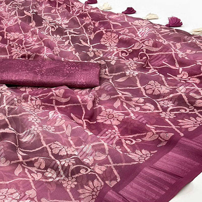 Dark Mauve Floral Foil Printed Georgette Saree With Tassels