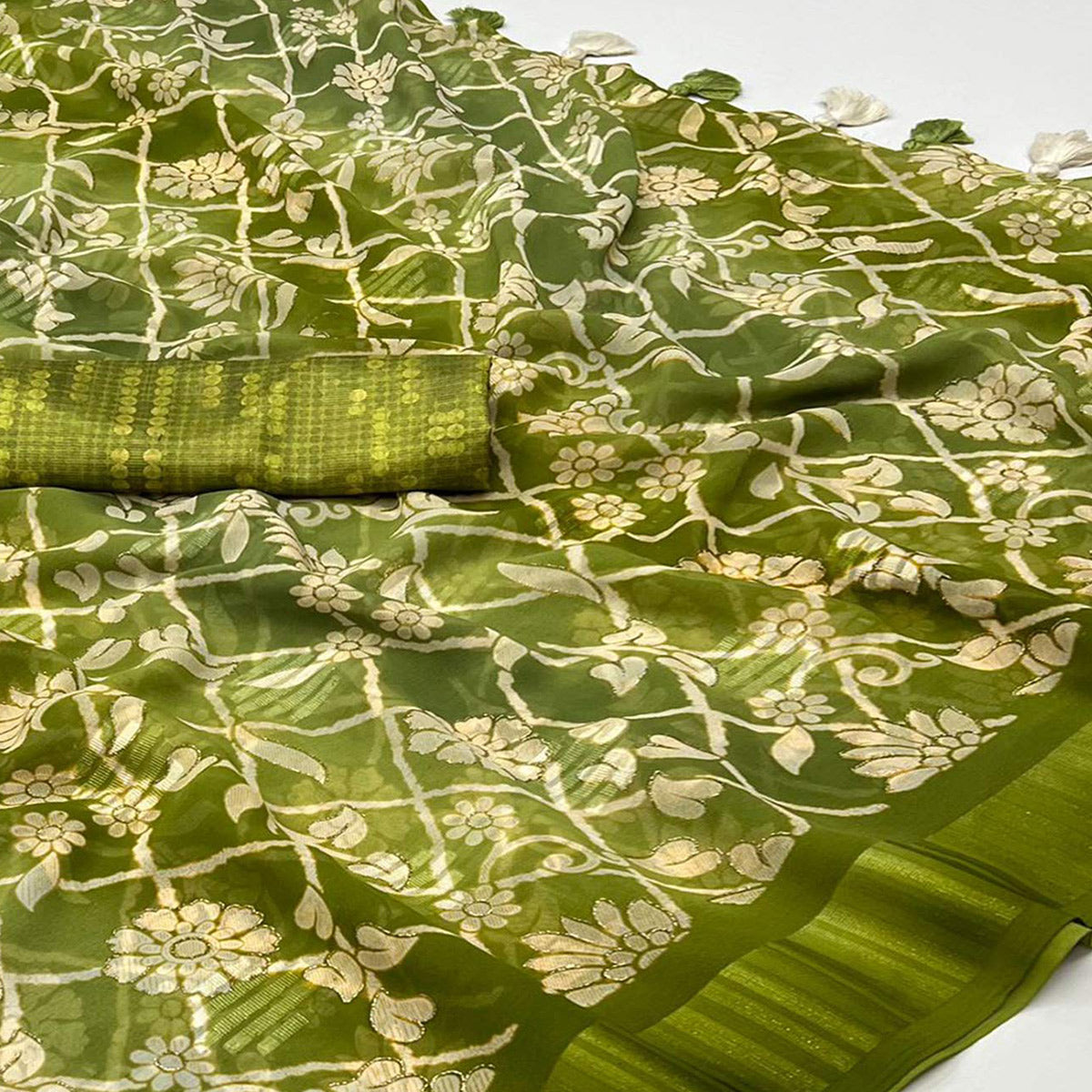 green-floral-foil-printed-georgette-saree-with-tassels