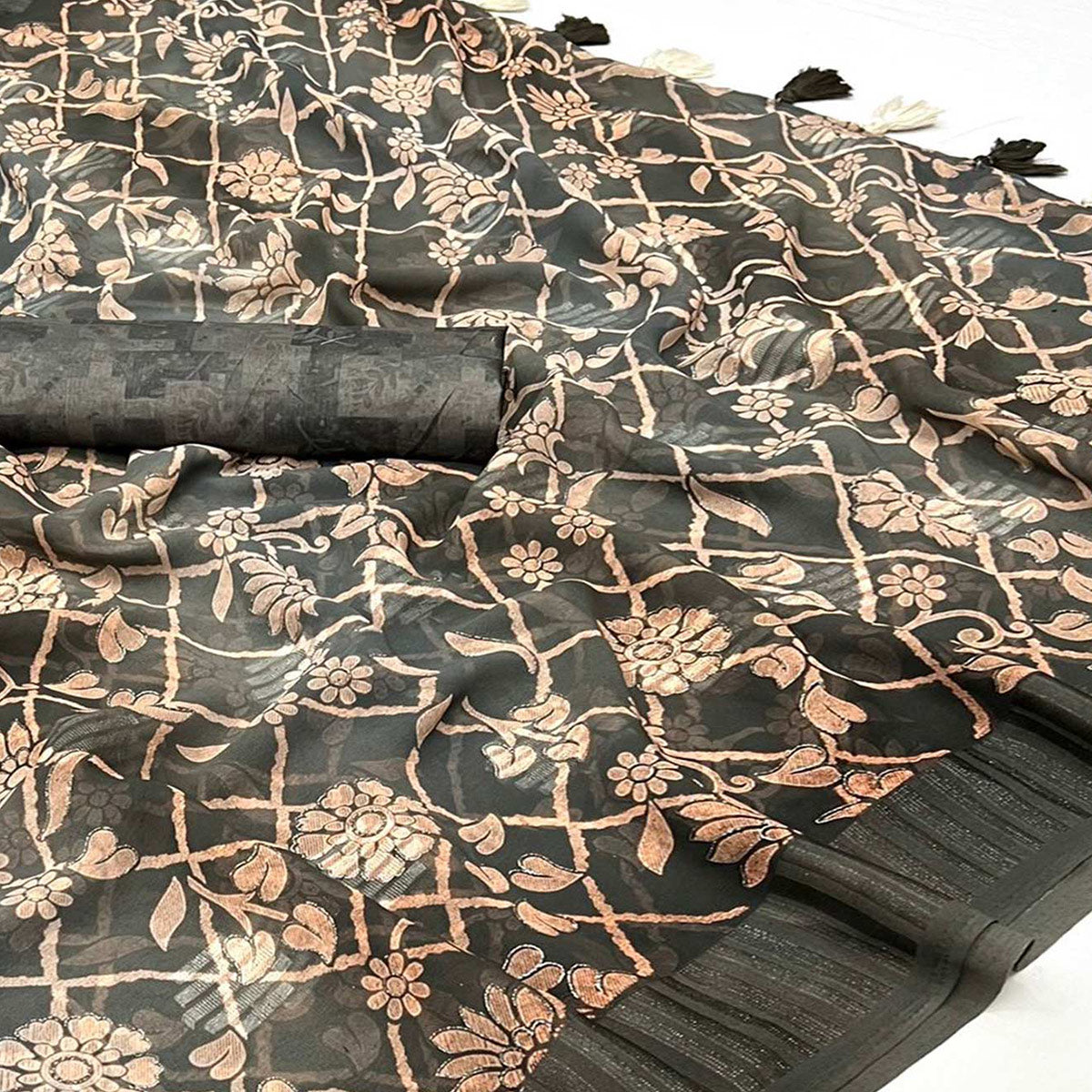 grey-floral-foil-printed-georgette-saree-with-tassels