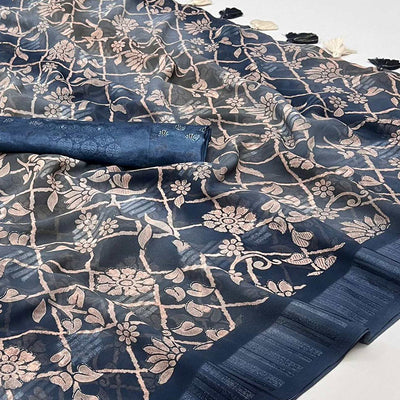 Bluish Grey Floral Foil Printed Georgette Saree With Tassels