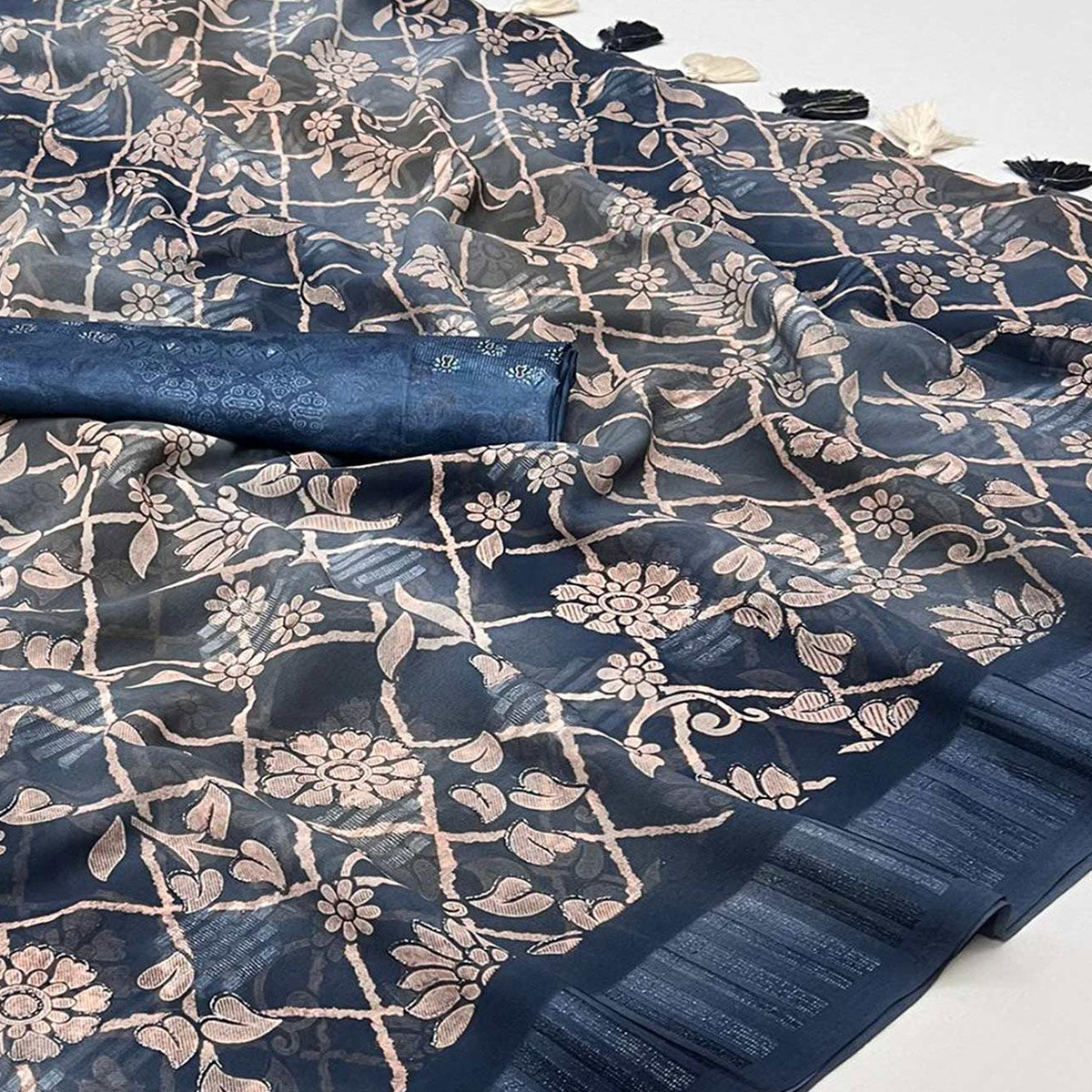 Bluish Grey Floral Foil Printed Georgette Saree With Tassels