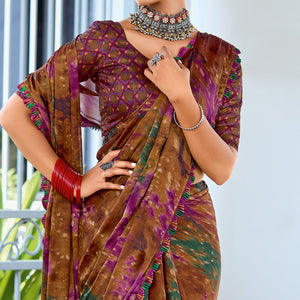 Brown Printed Satin Saree With Frill Border