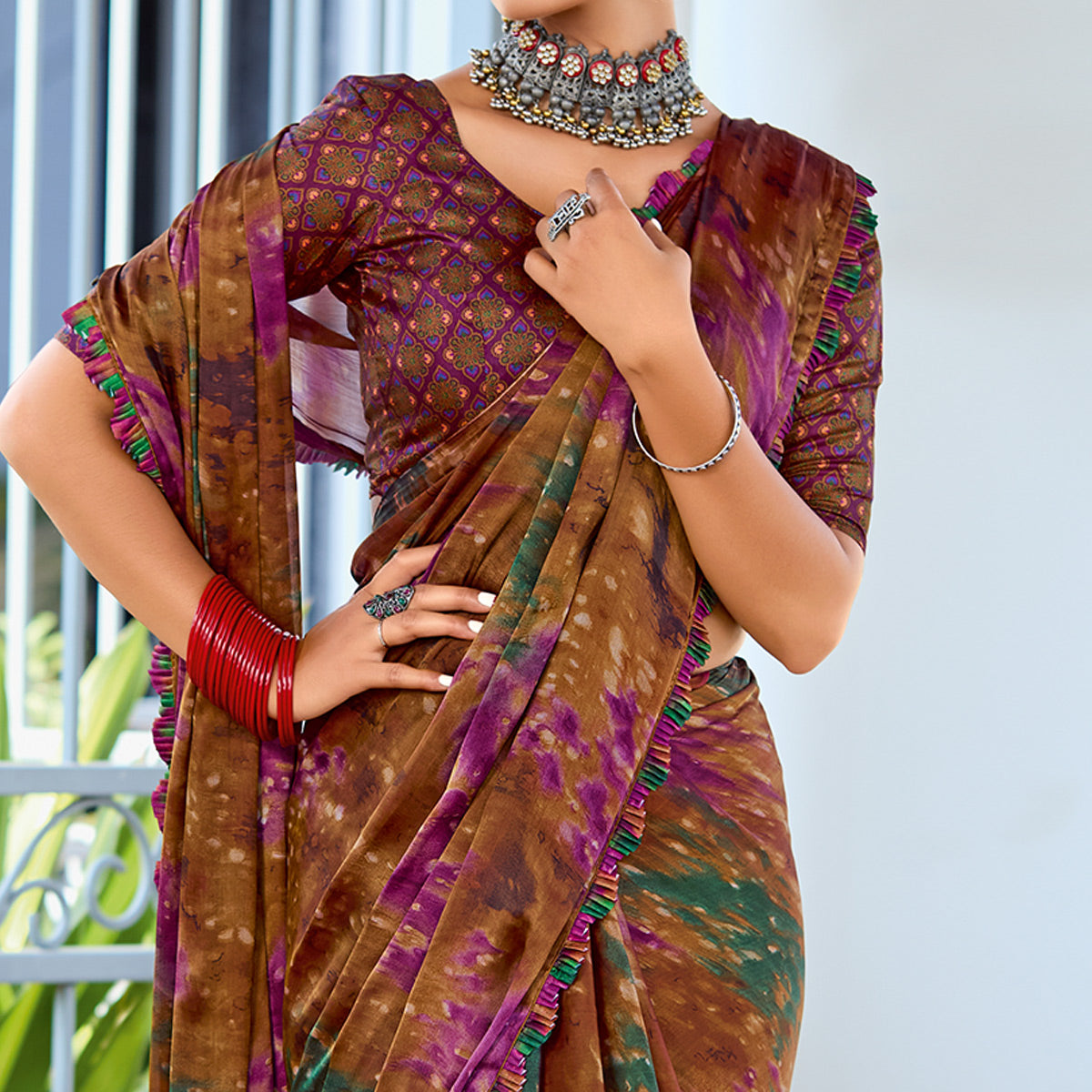 Brown Printed Satin Saree With Frill Border