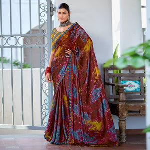 Dark Brown Printed Satin Saree With Frill Border