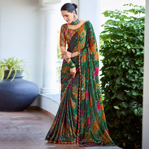 Bottle Green Printed Satin Saree With Frill Border