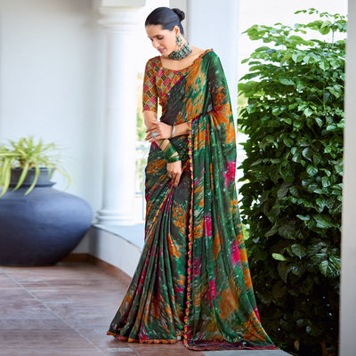 Bottle Green Printed Satin Saree With Frill Border
