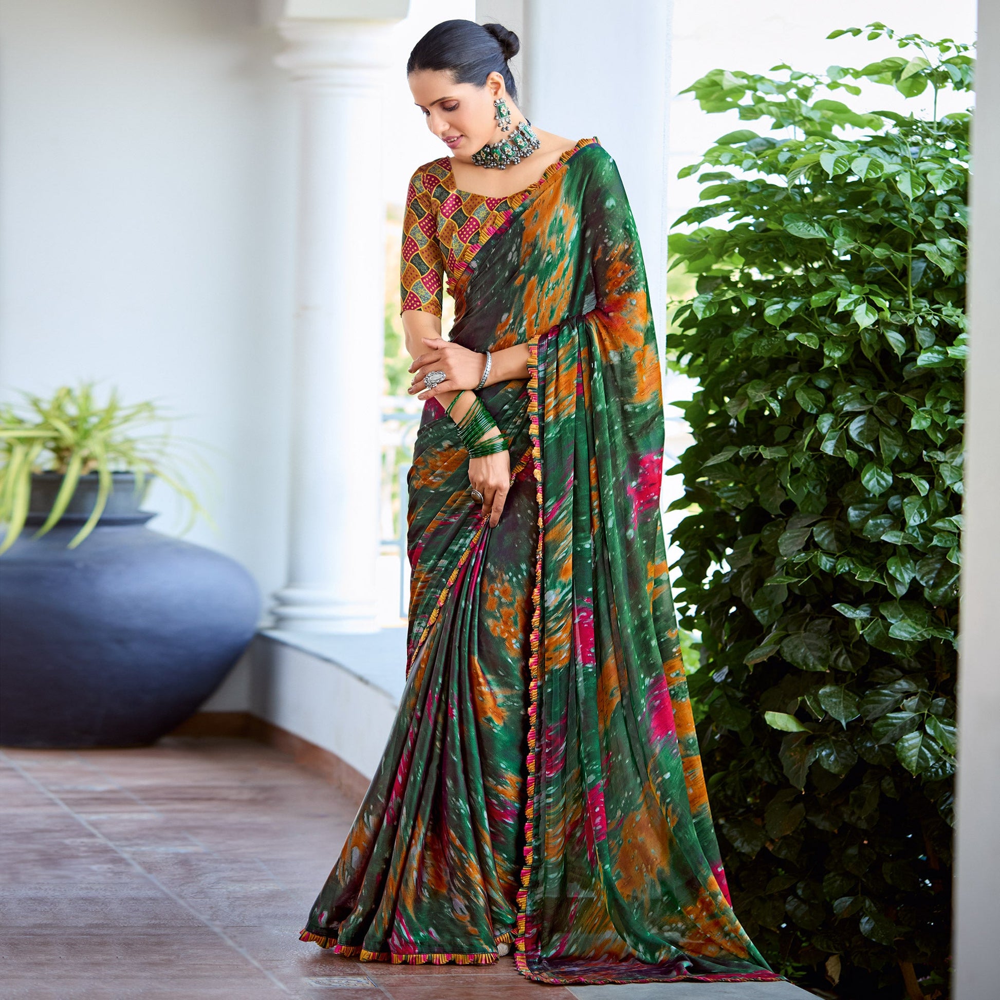 Bottle Green Printed Satin Saree With Frill Border