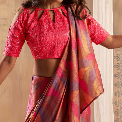Gajri Pink Printed Nylon Saree With Tassels
