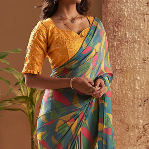 Bluish Grey Printed Nylon Saree With Tassels