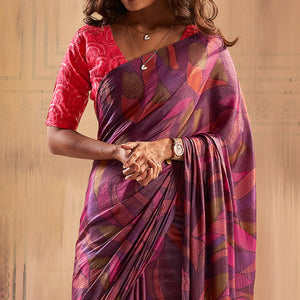 Magenta Printed Nylon Saree With Tassels
