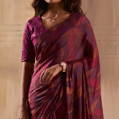 Magenta Printed Nylon Saree With Tassels